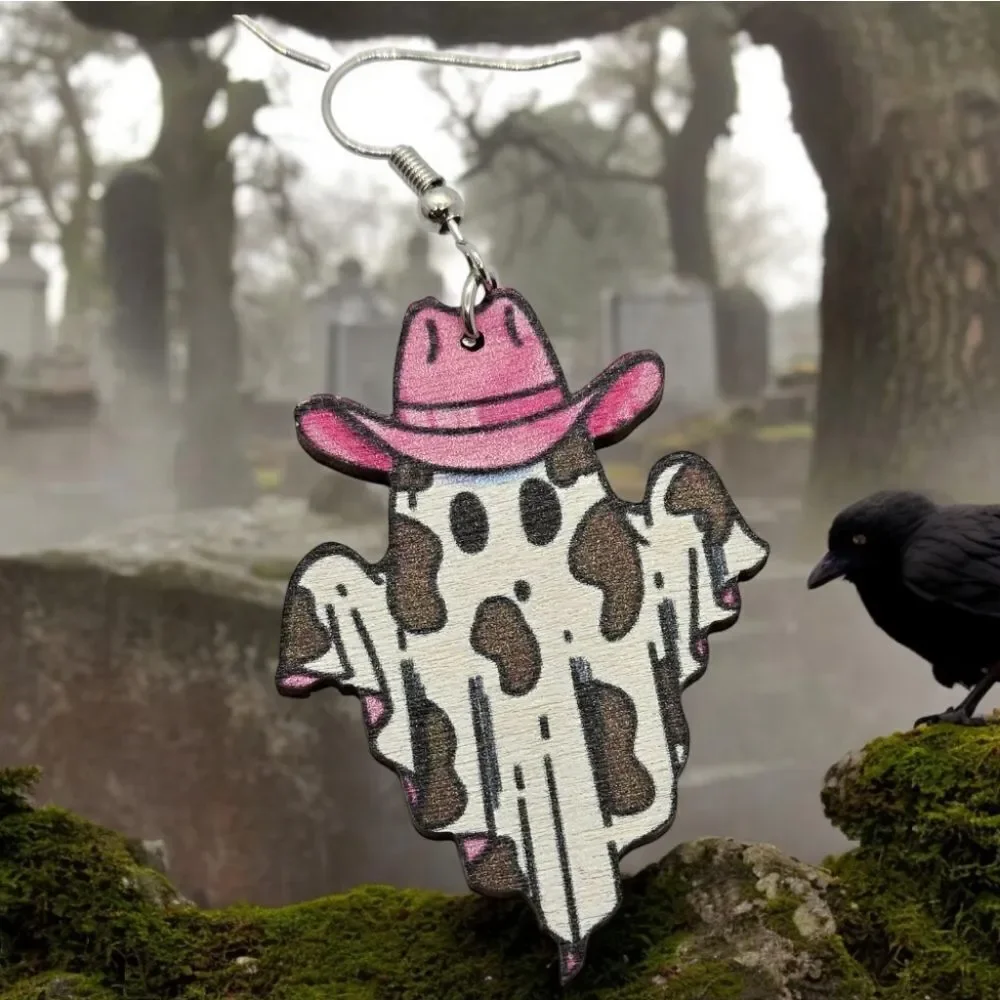 Cowboy Ghost Earrings Cute Spooky Halloween Jewelry Wooden Dangle Gothic Western